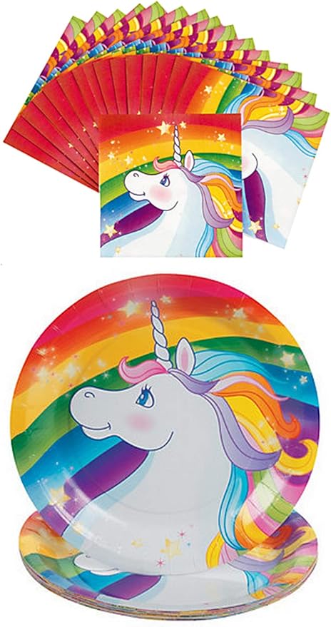Charmed By Dragons Rainbow Unicorn Party Supplies for 16 People: Dessert Plates and Napkins 32 Pieces (Unicorn Rainbow 16 Dessert Sets)
