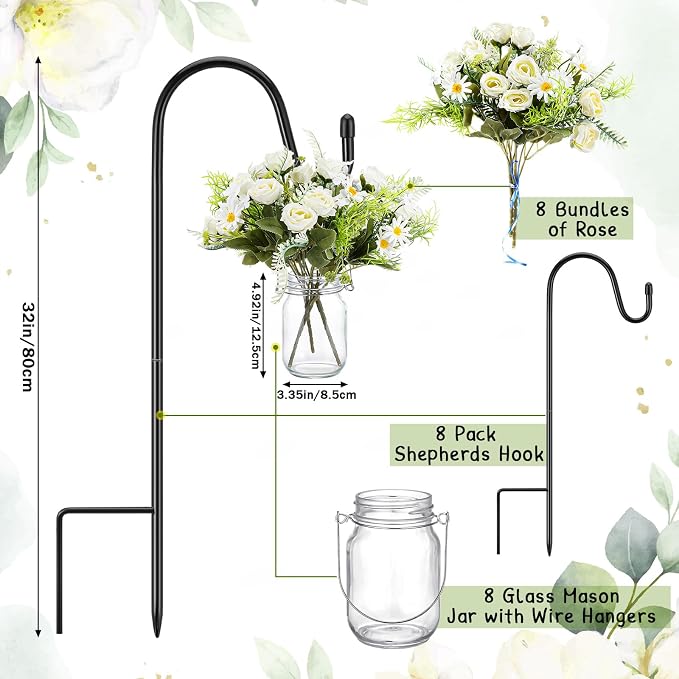 Thiccywoov 8 Sets Wedding Aisle Decoration Include 16 oz Rose Daisy Hanging Mason Jar 32 Shepherds Hooks Rustic Mason Jar with Faux Rose and Daisy for Outdoor Wedding Isle Ceremony Decorations