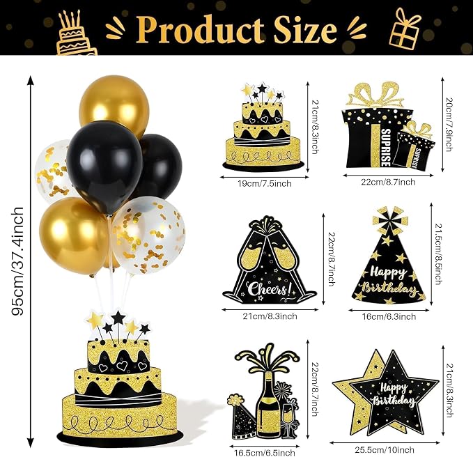 6 Sets Birthday Balloon Stand Kit for Table Happy Birthday Black Gold Balloon Centerpiece Decor Black and Gold Balloon Stand Kit for 40th 50th 60th 70th Birthday Party Decoration