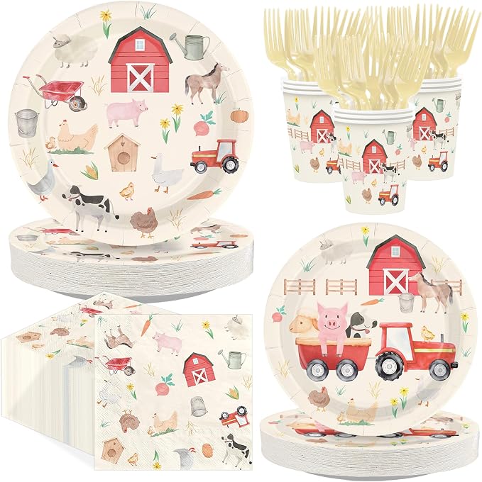 250Pcs Farm Chicken Party Supplies Silly Goose Chicken Flower Horse Cow Plates Napkins Cups Forks Farm Animals Disposable Tableware Set for Farmer Kids Tea Party Baby Shower Party Decor Serves 50