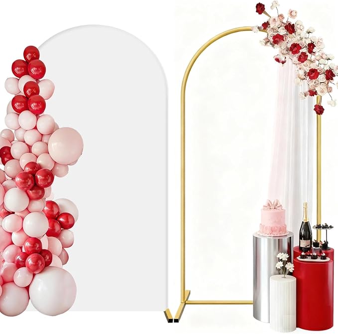 Metal Arch Backdrop Stand and Cover Set 6.6 ft, Wedding Arch Stand with White Cover for Party, Birthday, Wedding, Bridal Shower, Baby Shower (White, 6.6 ft)