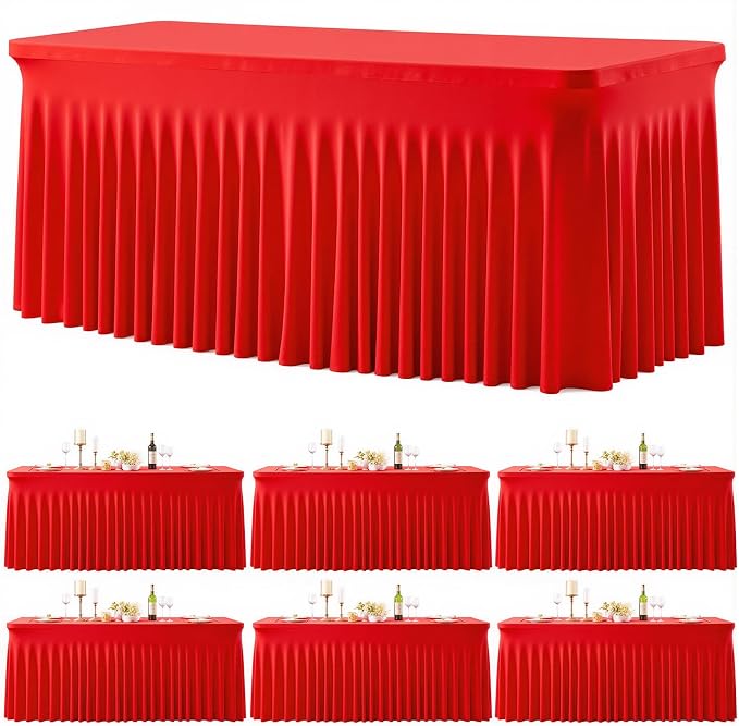 6 Pack Red Table Cloth for 8 Foot Rectangle Tables Spandex Fitted Tablecloth 8ft Stretch Table Covers Skirt Red Banquet Tablecloths Wrinkle Free Tablecloth for Party Wedding Birthday Event