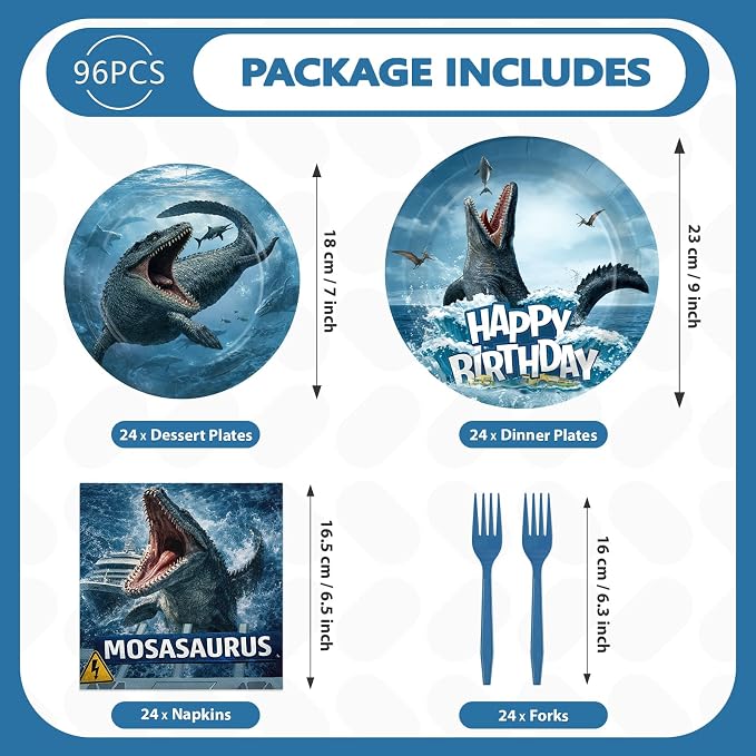 96 Pcs Mosasaurus Dinosaur Birthday Party Decoration Mosasaurus Themed Plates and Napkins Ocean Dinosaur Tableware Set for Kids Dino Birthday Baby Shower Party Supplies, Serves 24