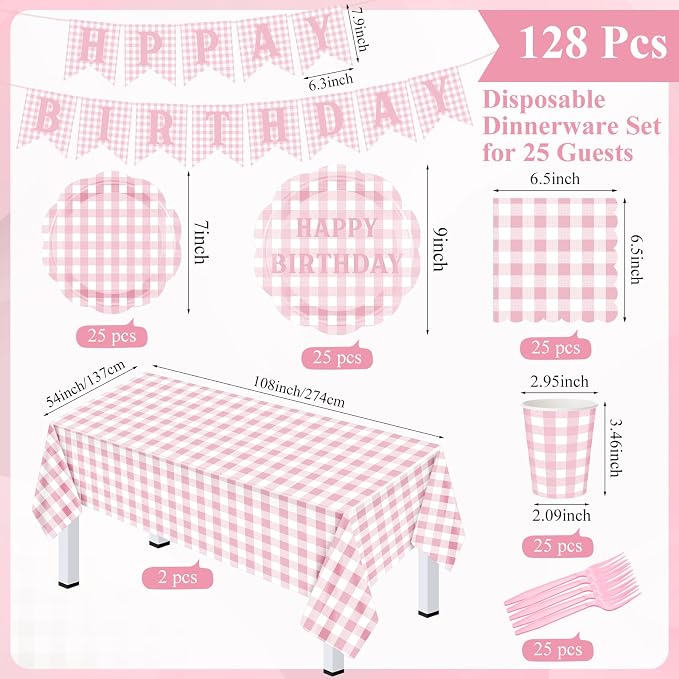 LemonRoad 128 Pcs Pink and White Birthday Party Decoration Women for 25 Guests, Gingham Checkered Light Pink Birthday Paper Plates Napkins Cups Tablecloth Forks Banner for Birthdays Party Supplies