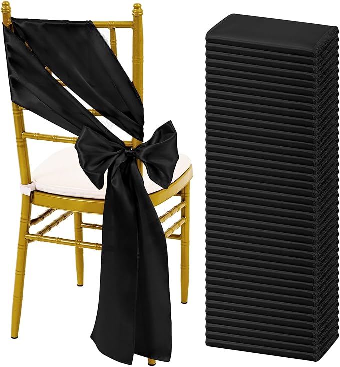 60 PCS Black Chair Sashes, Ties Bows Designed Sashes for Washable Reusable Chair Covers Supplies for Wedding Reception Events Banquets Party Hotel Event Aisle Decorations (7 x 108 inch)
