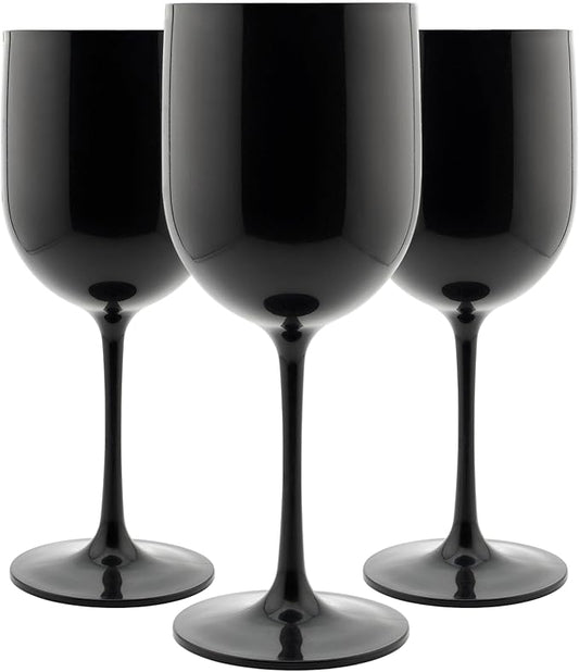 FOX & GRAPES Plastic Stemmed Wine Glasses | Unbreakable/Shatterproof, Reusable, Food Safe, Dishwasher Safe, For Birthday and Party, 16oz (Black, Set of 12)
