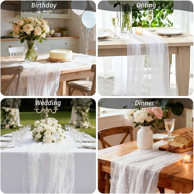 WELTRXE Pearl Table Runner 120 Inch 10FT, White Gauze Table Runners, Rustic Boho for Holiday Wedding Decor, Home Party ,Baby Shower, Birthday Party