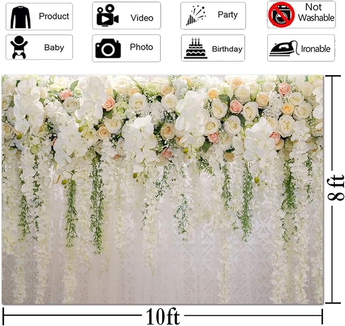 10x8ft White Rose Floral Theme Photography Background Wedding Bridal Shower Wedding Flowers Photo Backdrops Baby Girl Birthday Party Portrait Dessert Cake Table Decor Photo Booth Studio Props