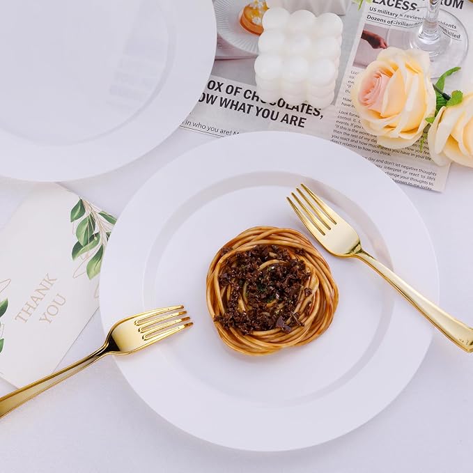 Bestluck 50PCS White Plastic Plates, Disposable Dinnerware for 25 Guests, Include 10.25 inch & 7.5 inch Dinner & Dessert Plates for Party, Wedding and Graduation
