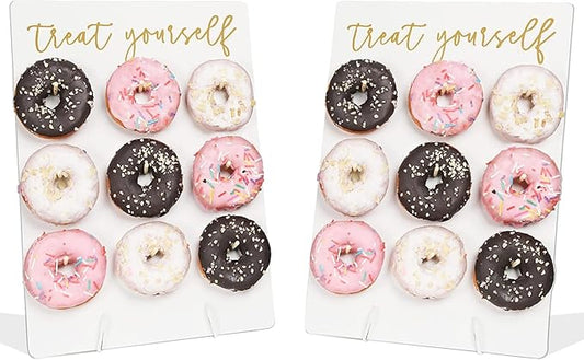 Donut Wall Display Stand Reusable Donut Holder Board Rustic Wood Doughnut Food Buffet Display for Wedding, Bridal Shower, Birthday Party Treat Yourself Fits 9 Donuts (White Square 2 Pack)