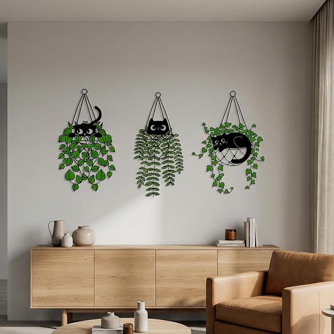 Fiwochic 3 Pcs Black Cat Metal Wall Decor Cute Black and Green Cat Botanical Wall Art Leaves Art Hanging Plant Decoration for Cats Lover Minimalist Room Living Room Patio Decor Gift