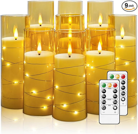 Nimiko Flickering Flameless LED Candles,Battery Operated Candles 9 Pcs with Embedded Star String,Acrylic LED Pillar Candles with Remote,Suitable for Home Decoration to Create an Atmosphere（Gold）