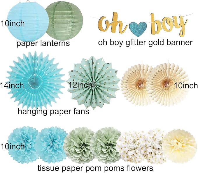 Sage Green Blue Baby Shower Decorations for Boy Oh Boy Banner Tissue Paper Pom Poms Flowers Paper Fans Circle Dot Garland Neutral Party Supplies Baby Boy Gender Reveal Birthday Party Decorations