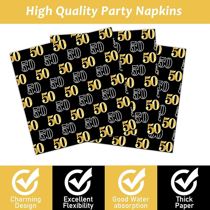 200Pcs 50th Birthday Party Decorations Vintage 1976 Paper Plates and Napkins Black Gold 50 Year Old Disposable Tableware Set for Men Women 50th Birthday Anniversary Party Favors Supplies Serves 50