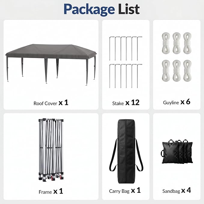 10x20 Pop Up Canopy Without Sidewalls, Instant Tent with Carry Bag, Sandbags, Height Adjustable Waterproof Outdoor Canopy, Outdoor Canopy for Events, Camping, Parties (Grey)