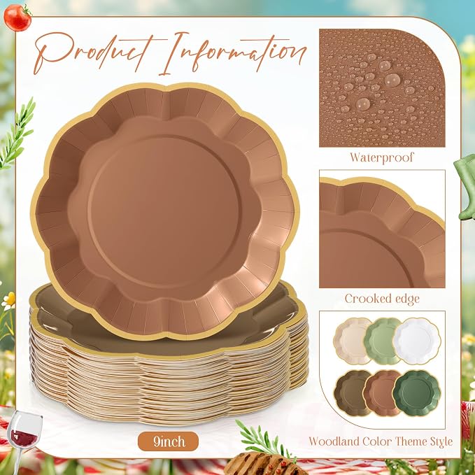 72 Pcs Woodland Paper Plates 9 Inch Green and Brown Gradient Scalloped Paper Disposable Dinner Dessert Plates for Birthday Wedding Bridal Party Supplies, 6 Colors