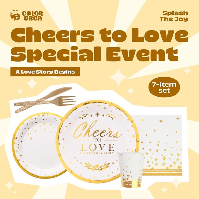 151 Counts 'Cheers to love' Gold Dinnerware and Tablecloth Set for Bridal Shower, Engagement, Wedding, Party Decorations, Elegant Tableware Set Includes Plates, Napkins, Cups, Tablecloth, Knives, Fork