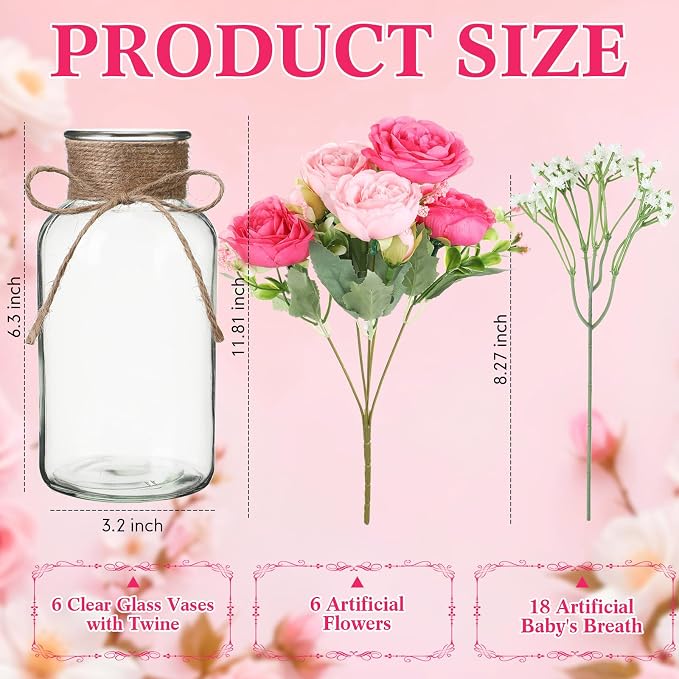 Zeyune 6 Sets Mason Jar Table Centerpiece with Artificial Peony Baby's Breath Flower Centerpieces Faux Flowers with Rope for Wedding Reception Engagement Bridal Shower Rustic Table Decor(Pink)