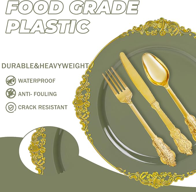 125PCS Olive Green Plastic Plates - Green and Gold Disposable Plates - Vintage Plate with Gold Plastic Silverware Sets for 25 Guests for Wedding & Party & Holiday