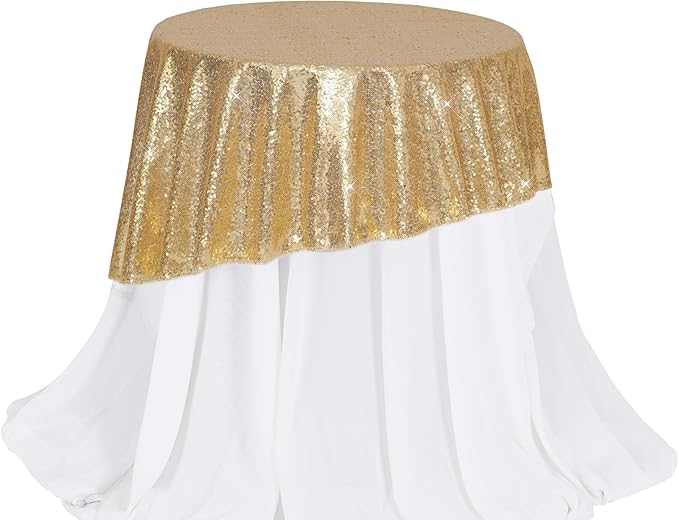 PartyDelight Sequin Tablecloth Round 50" Light Gold Table Topper for Wedding Party Birthday Bridal Baby Shower and Other Events Decorations