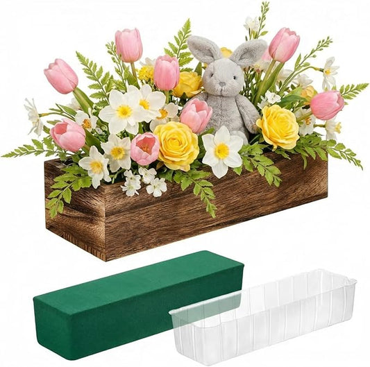 Dandat 1 Set Wood Boxes for Centerpieces 16x4 Inch Rectangle Wooden Planter Box Rustic Wood Planter with Removable Plastic Liner Floral Foam Blocks for Centerpieces Home Wedding Garden Decor