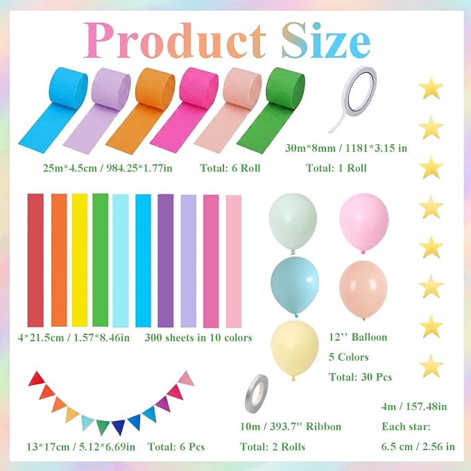 300 Paper Chain Garland Strips Kit with 59ft 72PCS Pennant Banner Flags & 30 Pack 12 in Balloons, Pre Cut Paper Chain Strips with 492ft Crepe Paper Streamers for Party Birthday Decoration