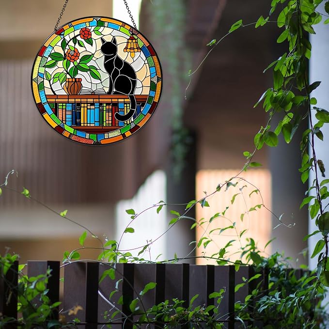 Cat Sun Catcher Stained Glass Window Hanging Book Lover Gifts for Women Book Wall Decor Handmade Sun Catcher Black Cat Sitting On Bookshelf Decoration for Home Room Housewarming Gifts