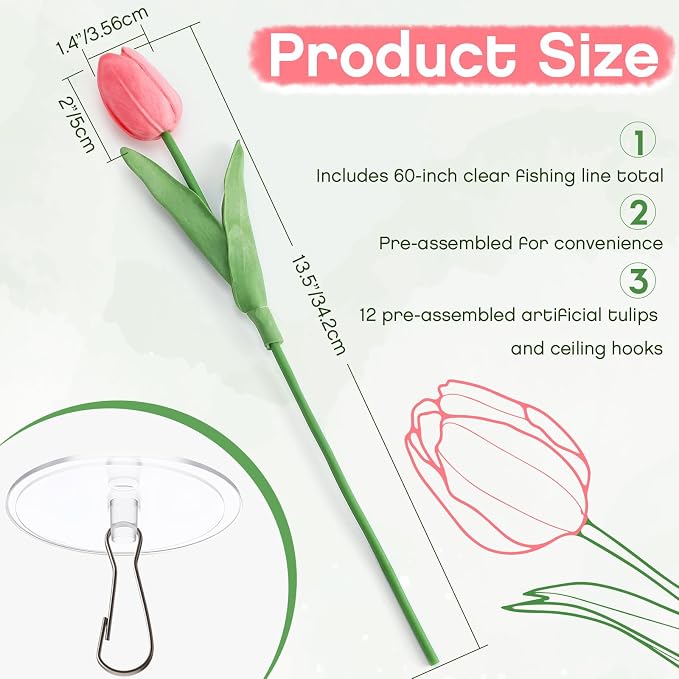 12 Pack 6 Colors 5 ft Artificial Tulips Hanging Flower Garland Decorations Spring Summer Dangling Faux Tulip Floral Vine Strings with Hooks for Wall Ceiling Wedding Tea Party
