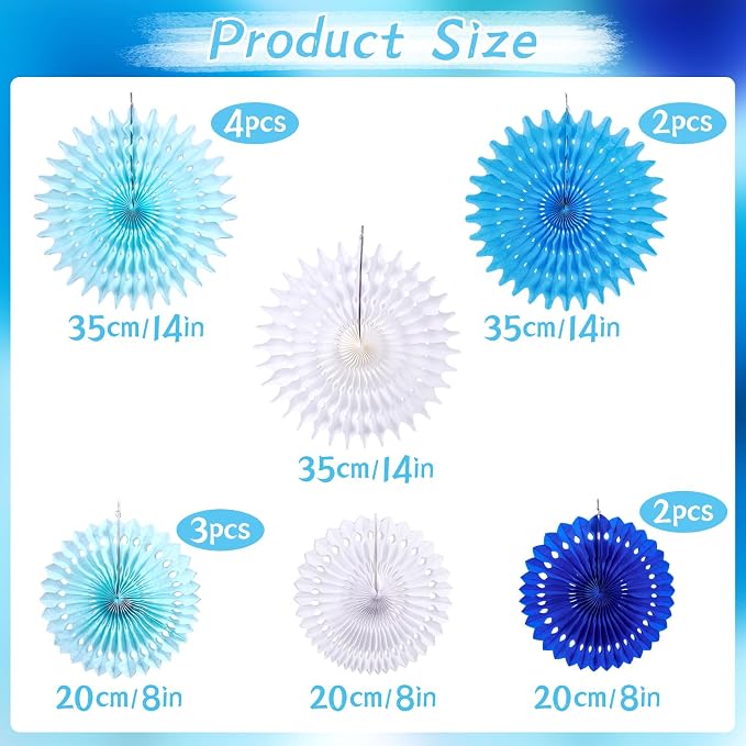 SUNBEAUTY Pack of 13 Blue White Hanging Honeycomb Paper Fans Party Decoration Kit for Baby Boy Shower 1st Birthday Navy Ocean Wedding Under The Sea Theme Photo Booth Backdrops Paper Party Supplies