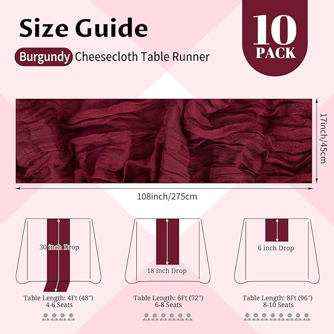 10 Pack Burgundy Cheesecloth Table Runner 17x108 Inch Semi Sheer Boho Gauze Cheese Cloth Table Runners, for Wedding Bridal Shower Birthday Party Home Decor Garden Farmhouse