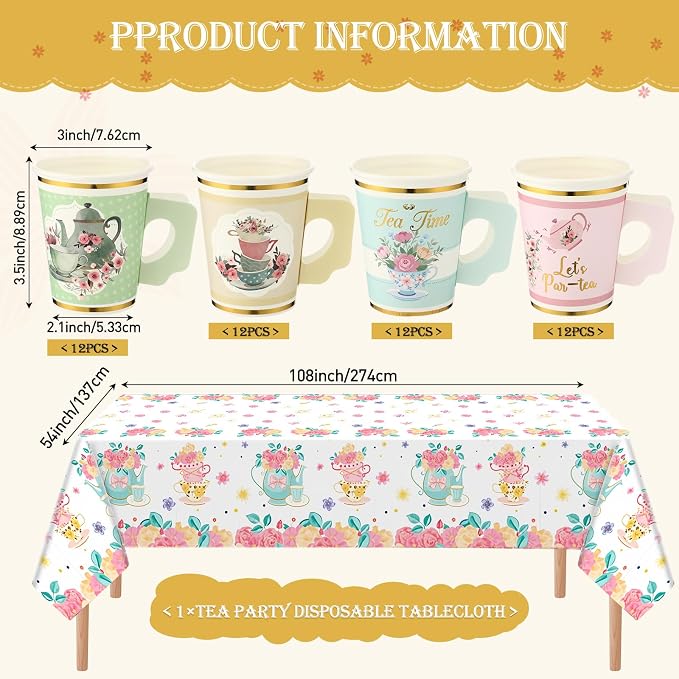 Yungyan 193 Pcs 48 Guests Tea Birthday Party Supplies Disposable Tableware Set 9 oz Paper Cups with Handle 7" 9" Paper Plates Napkin Tablecloth for Party Wedding Baby Shower (Elegant Style)