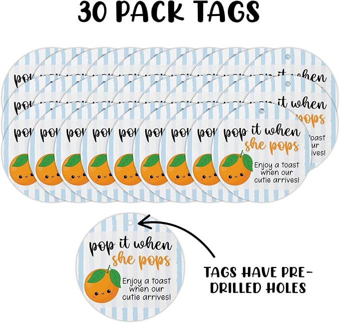 Little Cuties Pop It When She Pops Hang Tag 30pk 2.5” Circles Labels Baby Shower Summer Oranges Champagne Favors Tags