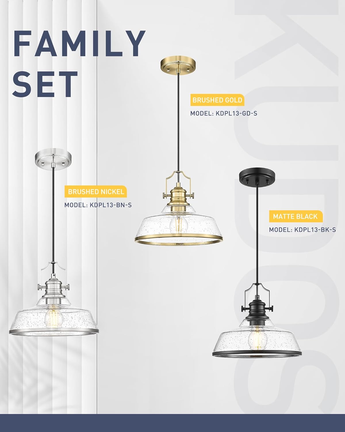 kudos 2 Pack Pendant Lights Kitchen Island, 11" Black Kitchen Island Lighting with Seeded Glass Shade, Farmhouse Large Hanging Light Fixture for Kitchen Sink Dining Room, KDPL13-BK-S-2PK