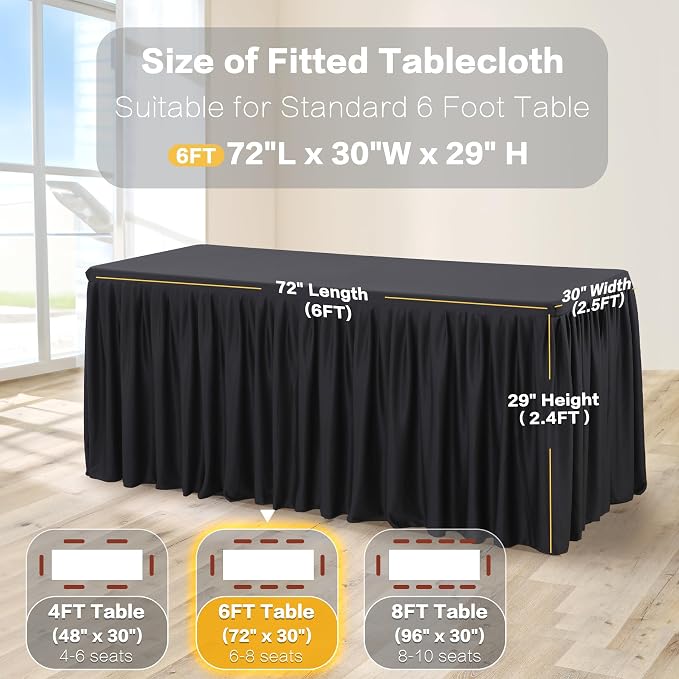Wish Care 6 Pack Black Rectangle Table Clothes for 6 Foot Tables, Polyester Fitted Tablecloths 6ft Stretch Table Cover for Wedding, Birthday, Parties, Trade Show, Craft Show