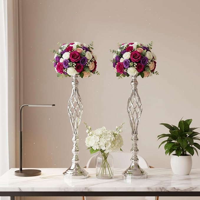 Silver Wedding Vases for Table Centerpieces - Set of 10 Twist Candleholder Stands, Elegant Floral Arrangement Vases, Metal Centerpieces for Reception Table Wedding Road-Leading Home Decor