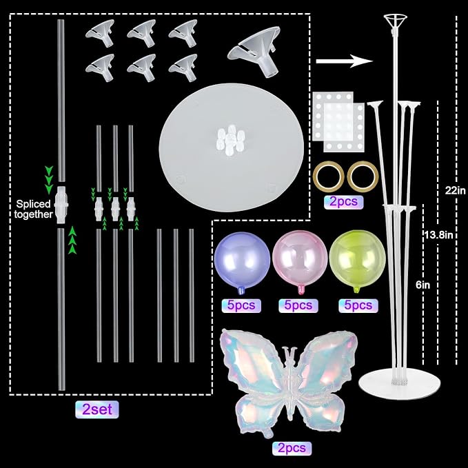 Iridescent Butterfly Party Balloons Stand Kit 2 Sets with Rainbow Holographic Clear Butterfly Foil Balloons Party Balloon Centerpiece for Table for Mermaid Rainbow Holiday Birthday Wedding Decorations