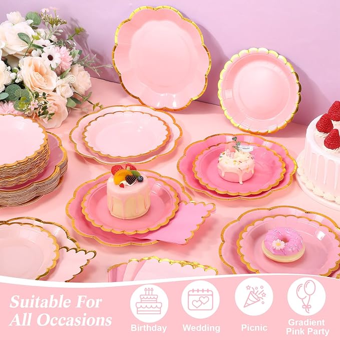 144 Pcs 48 Guests Pink Paper Plates and Napkins Party Supplies Gradient Pink Scalloped Plates with Gold Rim 9 Inch 7 Inch Disposable Dessert Party Decoration for Wedding Birthday Baby Shower