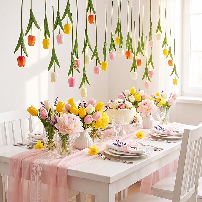 12 Pack 6 Colors 5 ft Artificial Tulips Hanging Flower Garland Decorations Spring Summer Dangling Faux Tulip Floral Vine Strings with Hooks for Wall Ceiling Wedding Tea Party