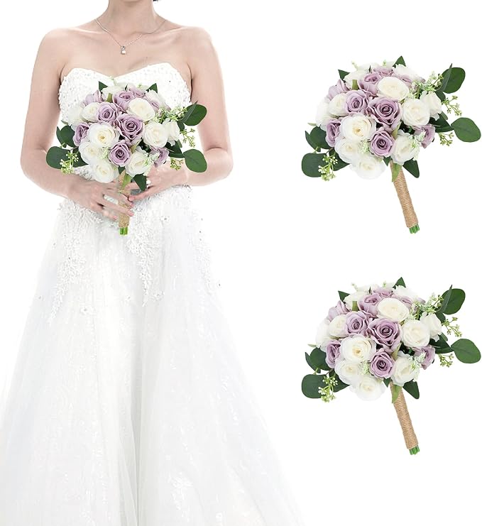 Set of 2 Bridesmaid Bouquets for Wedding - 7 Inch Artificial Ivory Flower Bouquet for Party Ceremony Anniversary Dinning Table Centerpieces Decor - Lilac and White