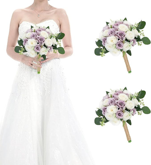 Set of 2 Bridesmaid Bouquets for Wedding - 7 Inch Artificial Ivory Flower Bouquet for Party Ceremony Anniversary Dinning Table Centerpieces Decor - Lilac and White