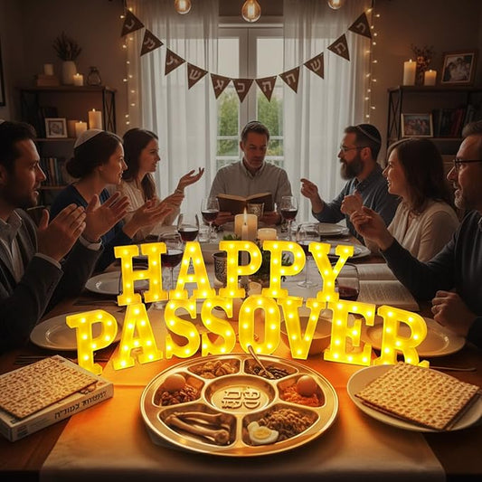Aurelema 13 Pcs Happy Passover Large LED Letter Sign LED Lights Battery Powered Table Decoration for Party Gift Tabletop Decoration