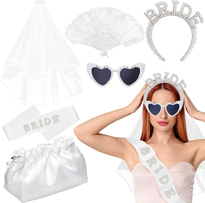 Cinrobiye 6 Pcs Bride to Be Gift Set, Bachelorette Party Accessories, Bridal Shower Veil Crown Sash Sunglasses Set, Bride to Be Tiara & Photo Booth Props Wedding Party Decorations