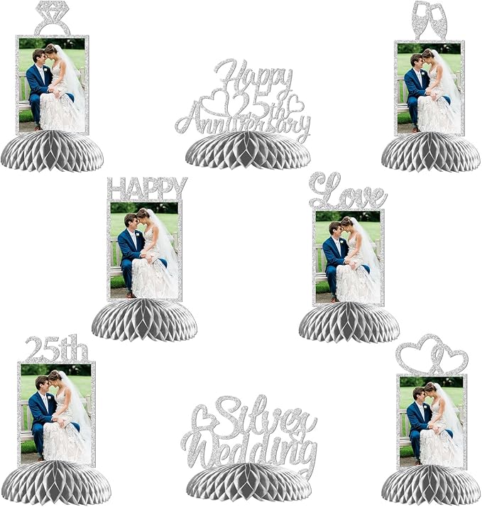 25th Wedding Anniversary Decorations, 25th Silver Wedding Photo Table Centerpieces Happy 25 Anniversary Table Toppers Honeycomb Decorations We Still do 25 Years Cheers to 25 Years Supplies