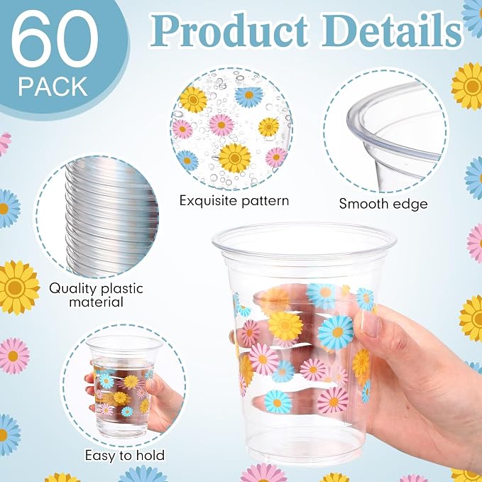 Hushee Colorful Daisy 60 Pcs Party Cups 16 oz Plastic Disposable Drinking Cups for Birthday Love Baby in Bloom Baby Shower Summer Fresh off The Market Bridal Shower Decorations Supplies