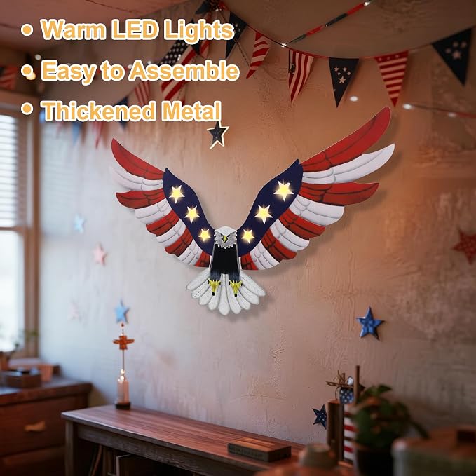 Adroiteet Lighted American Eagle 4th of July 250th Decorations Outdoor with Timer LED Lights Patriotic Metal Wall Art for Golf Cart Indoor Front Door American Flag Eagle Decor, 23.6" x 15.7"