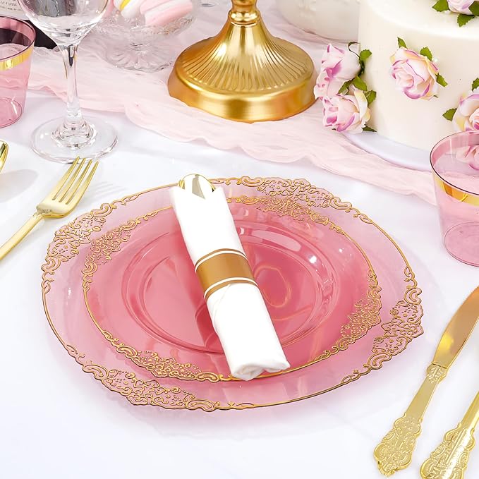 700 PCS Burgundy and Gold Plastic Plates, Disposable Dinnerware Set for 100 Guests, 200 Disposable Plates, 300 Silverwares, 100 Cups, 100 Napkins for Wedding, Party, Graduation