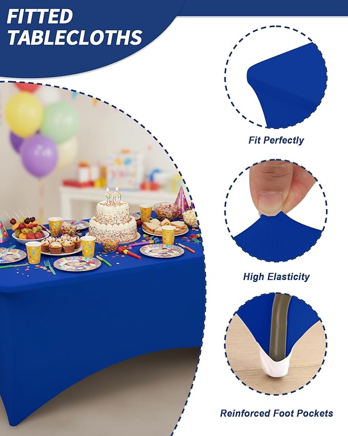 Fixwal Royal Blue Stretch Table Cloth Rectangle 2 Pack 6Ft, Spandex Fitted Table Covers Washable for Party, Trade Show, Banquet, Wedding, Buffet