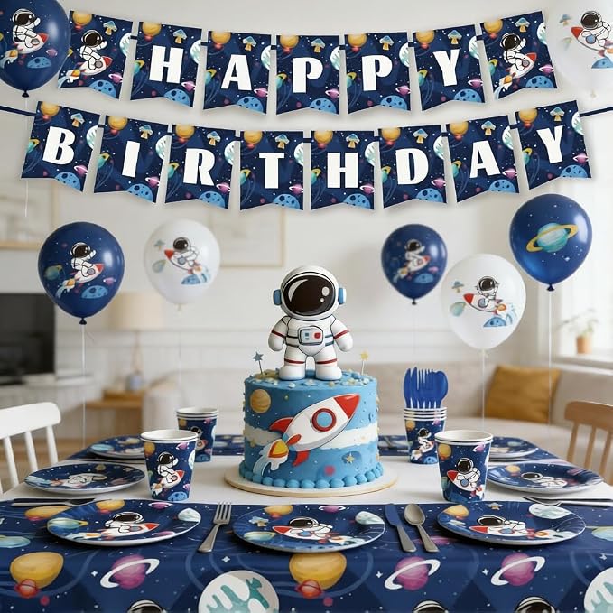 Outer Space Birthday Party Supplies Serve 20 Space Party Tableware Set, Happy Birthday Banner Tablecloth Paper Plates Cups Napkins Knives Forks Spoons for for Astronaut Theme Party Supplies