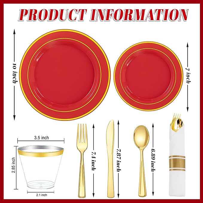 WDF Partyware 350Pieces Red Plastic Plates with Gold Rim Include 50Dinner Plate 10inch 50Dessert Plate 7inch 50 gold Cups 9 OZ, 50 Pre Rolled Napkins for Wedding/Birthday/Christmas/Party