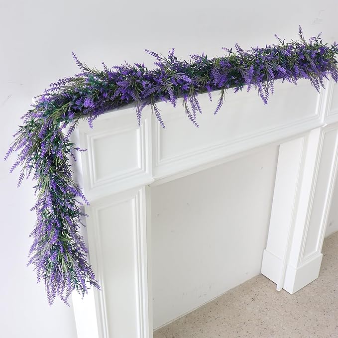 Zerzsy Lavender Purple Artificial Garland, 6Ft Artificial Flower Wreath Vines Decor, All Year Lavender Garlands Decorations for Table Home Wedding Mantle Arch Porch Party (1pcs-Purple)